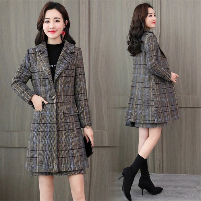 品質良い セットアップ 「M~3XL」おしゃれ 秋冬 チェック柄 ロングコート ジャケット レディース 40代 50代 フォーマル 通勤 オフィス 事務服 カジュアル 長袖コート スカートスーツ 春秋 冬 上品 30代40代 お呼ばれ 二次会 忘年会 卒業式 入学式