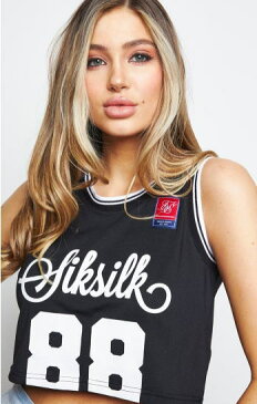 SikSilk シックシルク タンクトップ レディーストップス 黒 くろ ブラック ノースリーブ へそ出しジムウエア メッシュ素材 スポーツウエア カットソー ロゴ カジュアルショート丈 レディースファッション ピラティス ヨガレトロスポーツ クロップベスト