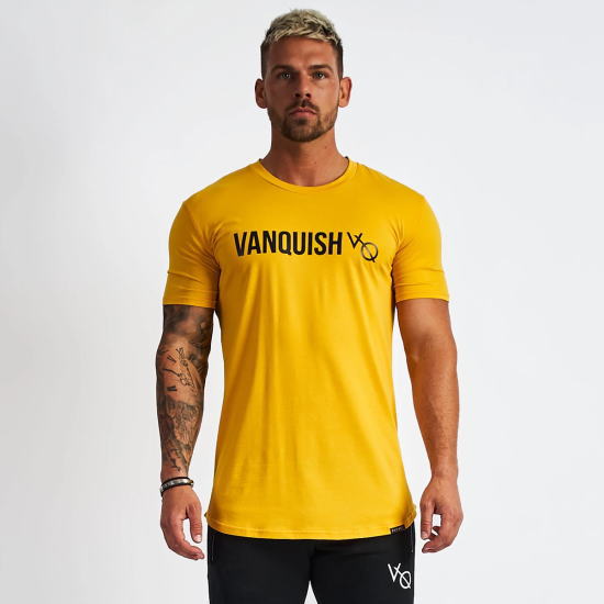 VANQUISH FITNESS ヴァンキッシュフィットネスTシャツ メンズ 半袖Tシャツ 黄色 メンズトップスジムTシャツ ジムウエア スポーツウエア..