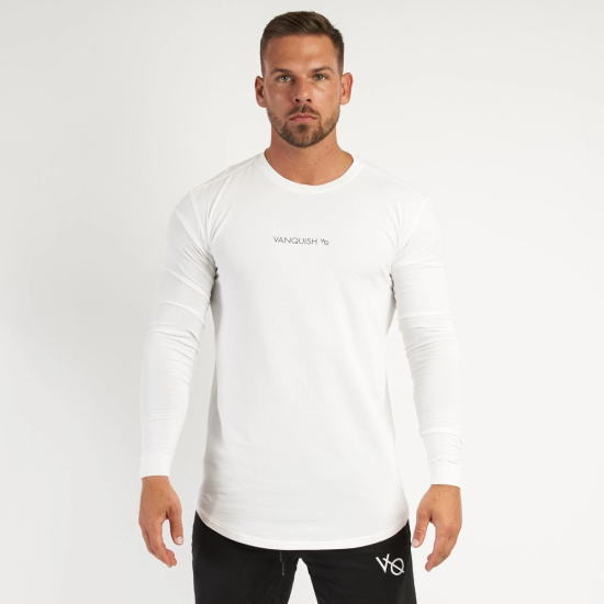 VANQUISH FITNESS ヴァンキッシュフィットネスTシャツ メンズ 長袖Tシャツ 白 ホワイト ロンTジムTシャツ ジムウエア スポーツウエア ..