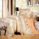 ゴールドシルクサテン ベッドカバー4点セットクイーンサイズ（200x230cm）ユーロデザイン 豪華刺繍入りゴールドカラーシルク寝具セット