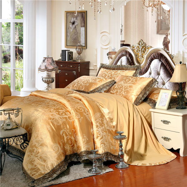 シルク調 ベッドカバー4点（シングル/3点）セット ユーロデザイン高級ジャガード寝具 豪華ゴールドカラー寝具セット