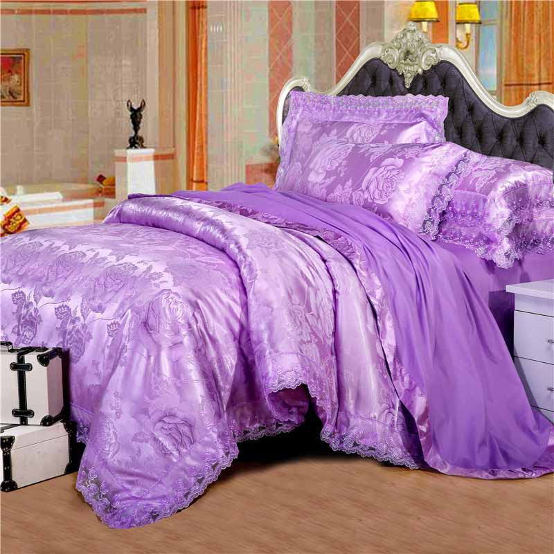 豪華 シルク調ベッドカバー4点セット ユーロデザイン 輸入取寄せ品 シルク寝具セット布団カバー(1)フラットシーツ(1)枕カバー(2) Color-7