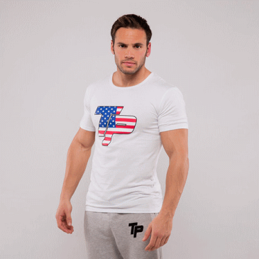 ジムウエア トップフィジーク/TopphysiquesTP T-Shirt - White & USA printTPTシャツTopPhysiques 【メール便送料無料】ボディビルウエア【納期約2〜3週間前後】