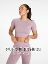 PURSUE FITNESS スポーツ タンクトップ レディース 大きいサイズ スポーツウェア Tシャツ レディース ジム 半袖 クロップ丈 トップス ヨガ スリムフィット ラウンジ シームレス クロップド Tシャツ ボディビル レディース フィジーク ウェア 【取寄】【トップス単品】