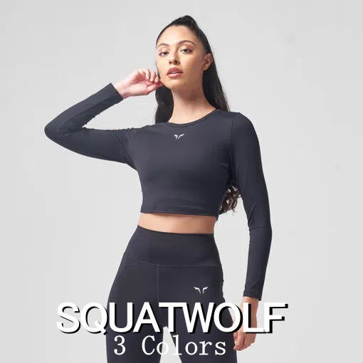 SQUAT WOLF スクワットウルフ Tシャツ レディース 大きいサイズ スポーツウェア Tシャツ レディース ジム 筋トレ ヨガ 長袖 クロップ丈 へそ出し エッセンシャル ライトウエイト クロップド ロングTシャツ フィジーク レディース ボディビル 【取寄】【トップス単品】