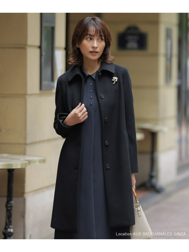 Turn-Down Collar Coat - ショートビーバー ロング丈 ステンカラー コート J.PRESS LADIES L ジェイプレス ジャケット・アウター ステンカラーコート ブラック グレー【送料無料】[Rakuten Fashion]