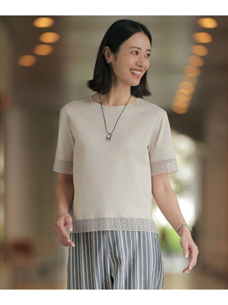 Rakuten - 【一枚で着映え】コットンスムース レース カットソー J.PRESS LADIES L ジェイプレス トップス カットソー・Tシャツ ホワイト ネイビー グレー グリーン ブルー【送料無料】[Rakuten Fashion]
