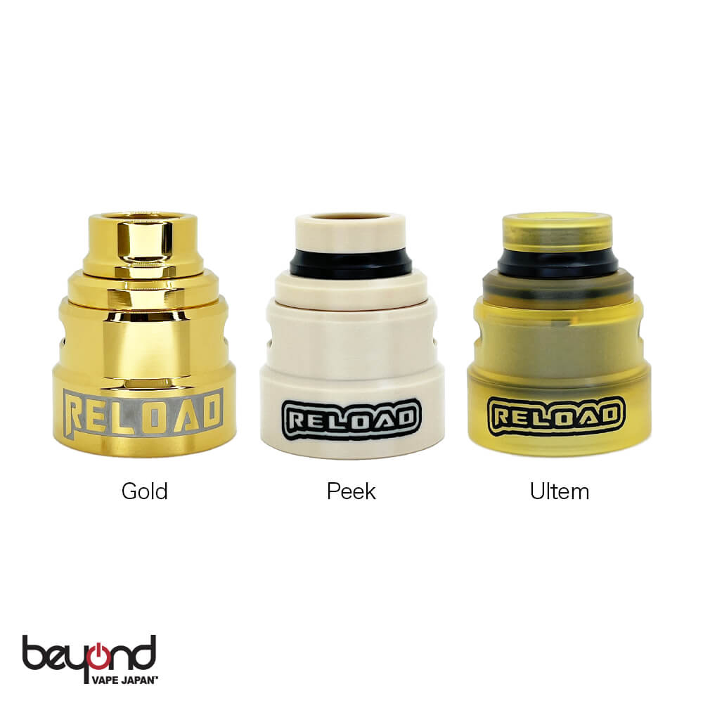 一世を風靡した『Reload S RDA』のカラーキャップがリリース！ *海外製品の為、仕上がりに多少のムラ等がある場合が御座います。 【カラー】 　・Gold 　・PEEK 　・ULTEM ＊Reload S RDA本体は付属いたしません。 Made in USA ※ 使用上の注意事項 ※ ・こちらの製品は専門的な知識と技術が必要です。 　ご理解のない方が扱うと重大な事故につながりかねませんので、ご購入をお控えください。 ・青少年の喫煙誘発を防ぐ為20歳未満のご購入を固くお断りさせて頂いております。 ※ 予告無くパッケージ等変更になる場合がございます。 ※ 輸送時におけるパッケージのダメージ等ある場合がございます。 　 中身には問題ございませんのでご了承ください。 ※「売り切れ表記」になっていても、在庫がある場合がございます。お気軽にお問い合わせください。 『Reload S RDA』はコチラから Reload S RDA