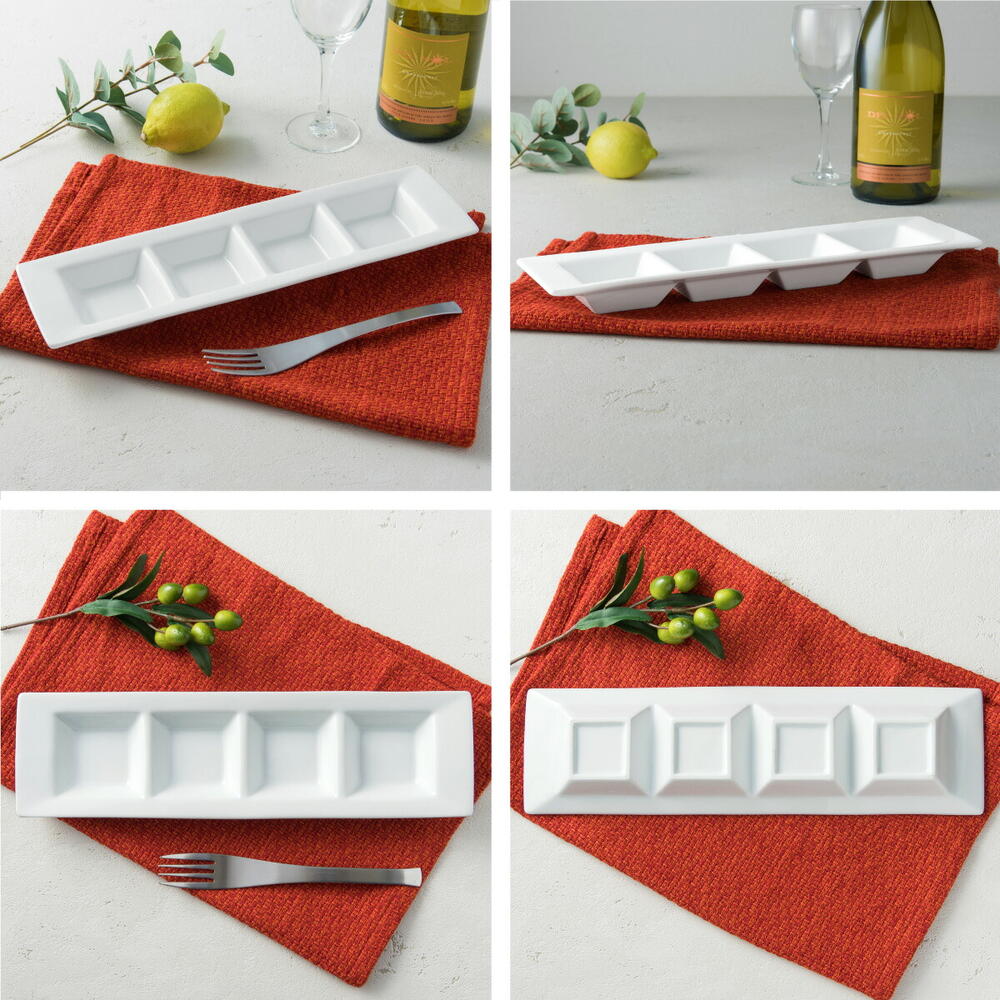 四つ 仕切り皿 長角 プレート ホワイト 白 4連 薬味皿 焼肉 タレ 前菜 オードブル 白磁 カフェ 食器 陶器 皿 業務用 絵付け用 ポーセラーツ 食洗機対応 3