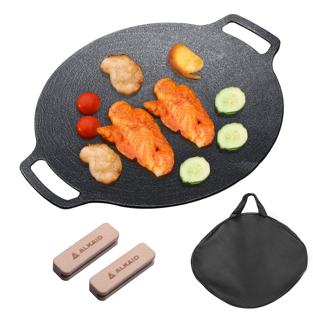 マルチグリドル 鉄板 IH 直火 29CM/33CM 軽量 厚さ4mm グリドルパン 焼肉 BBQ シーズニング不要 木製取っ手カバー 収納袋付き (29cm)