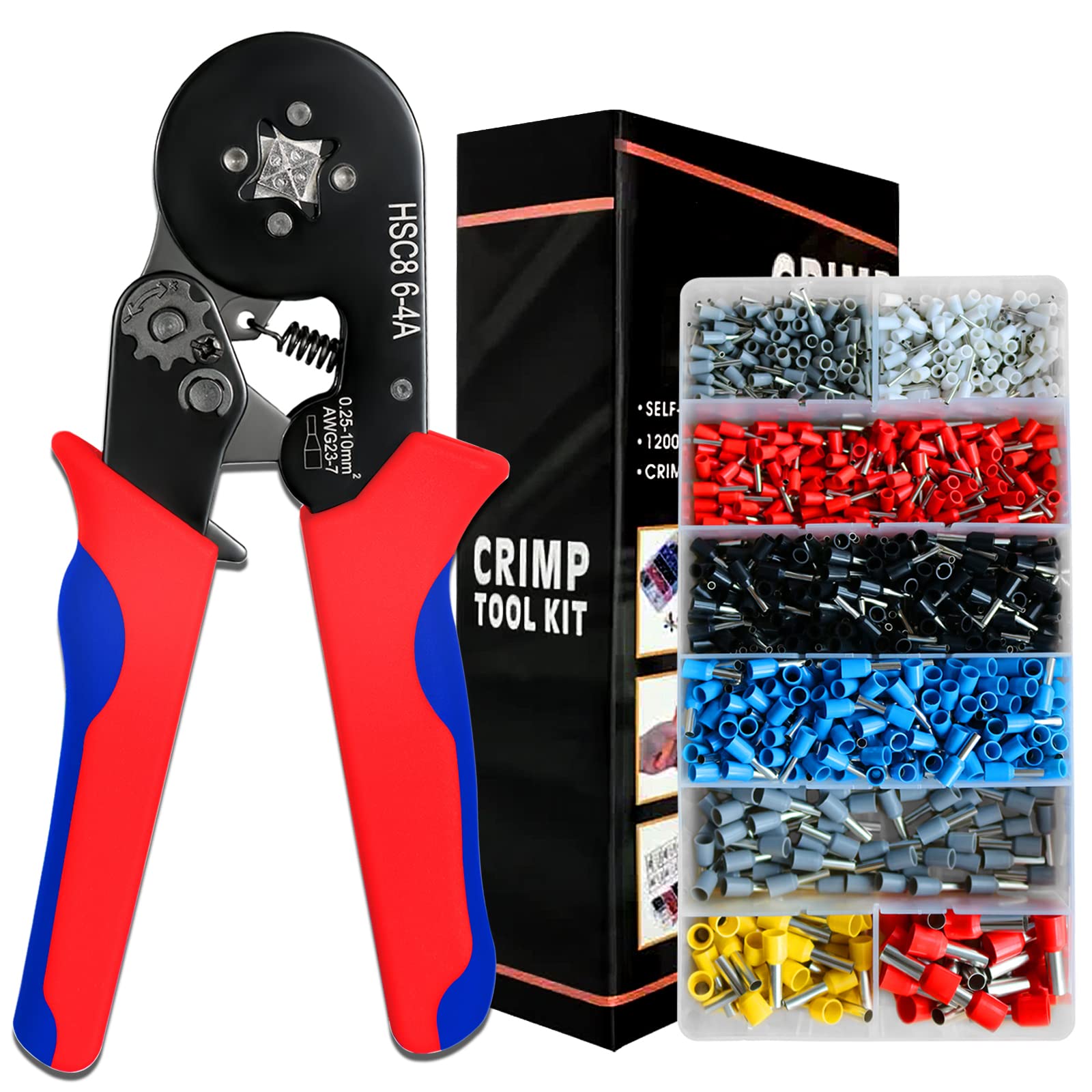 フェルール圧着工具 圧着ペンチ 0.25-10mm2 調整可能 握力 不要 絶縁閉端子 1200PCS DIYペンチ エンドスリーブ フェルール端子付き