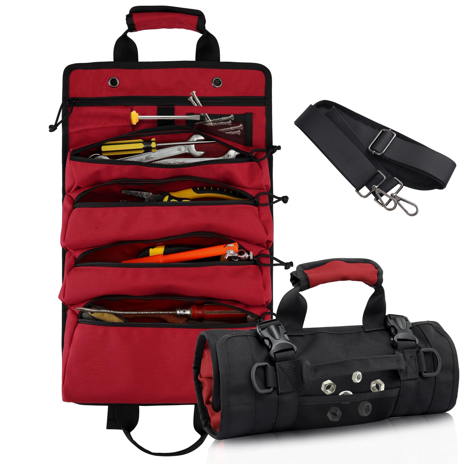 ツールバッグ 多機能 ロール 工具袋 道具袋 4つポケット 1000D オックスフォード生地 工具ケース 工具差し入れ ツールケース 工具収納 ブラック＆レッド 折り畳み式 壁掛け式 大容量 大工用 バイク用 持ち運び便利