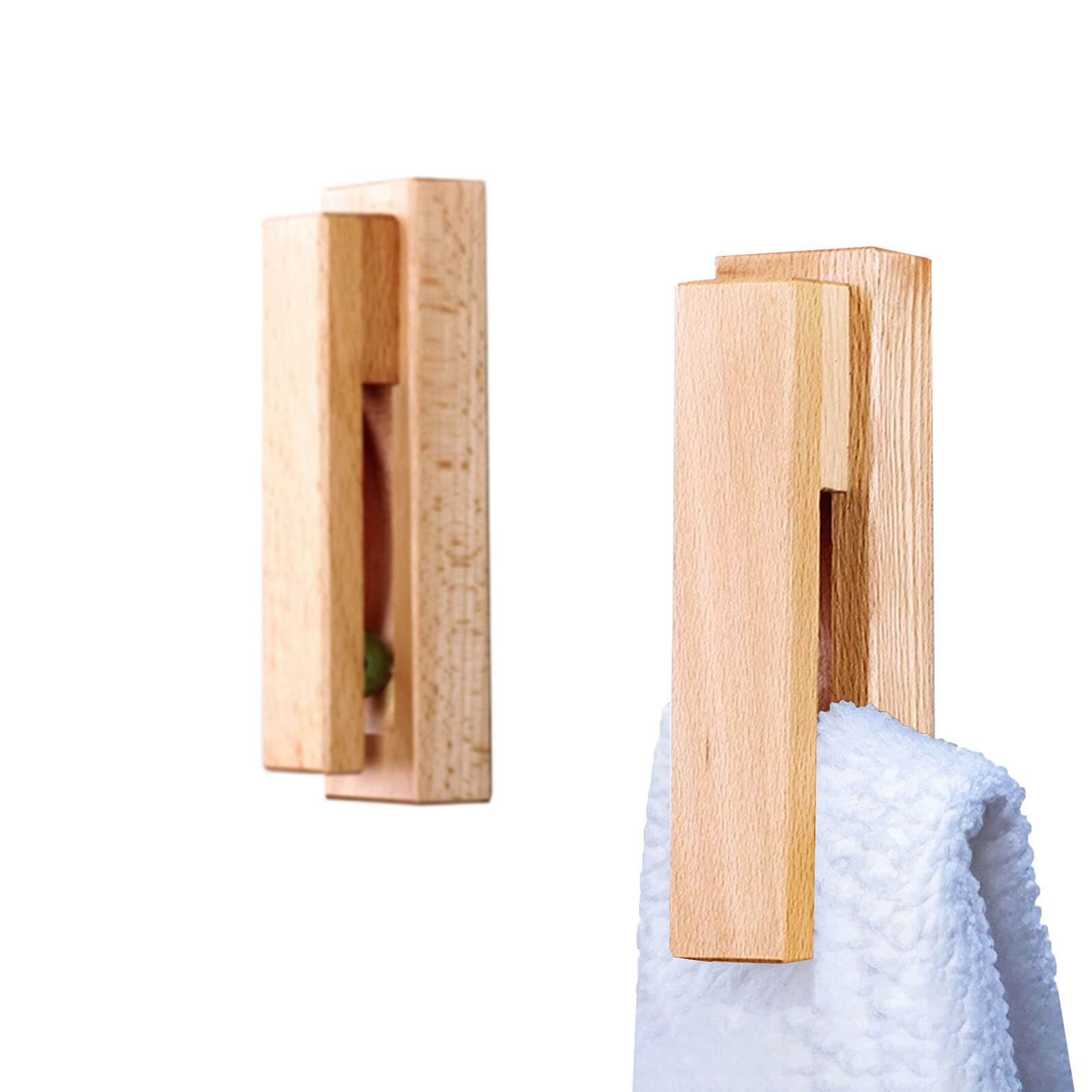 木製 タオル掛け 天然木 北欧 はがせる 強力粘着 穴あけ不要 タオルハンガー シンプル おしゃれ タオルバー 2個