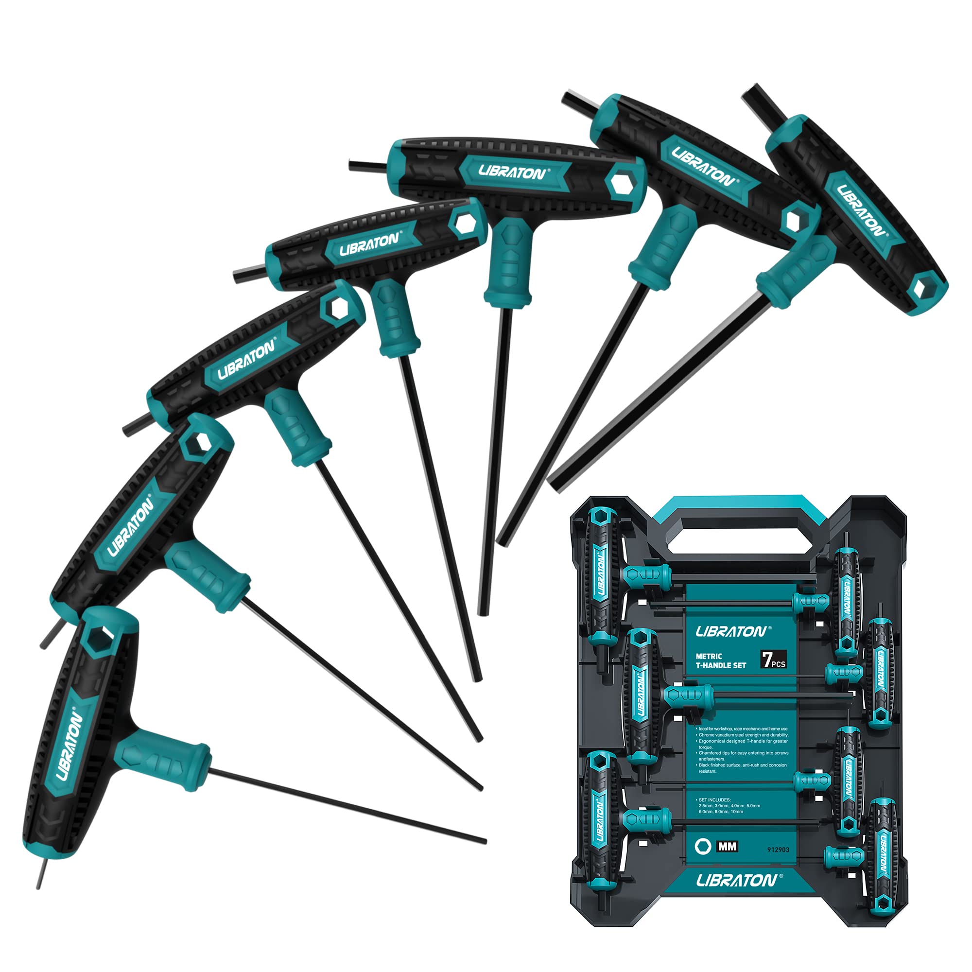 T型六角レンチセット 7本組 ハンドル六角棒レンチ 2.5mm-10mm 車 バイク修理工具 収納トレー付き