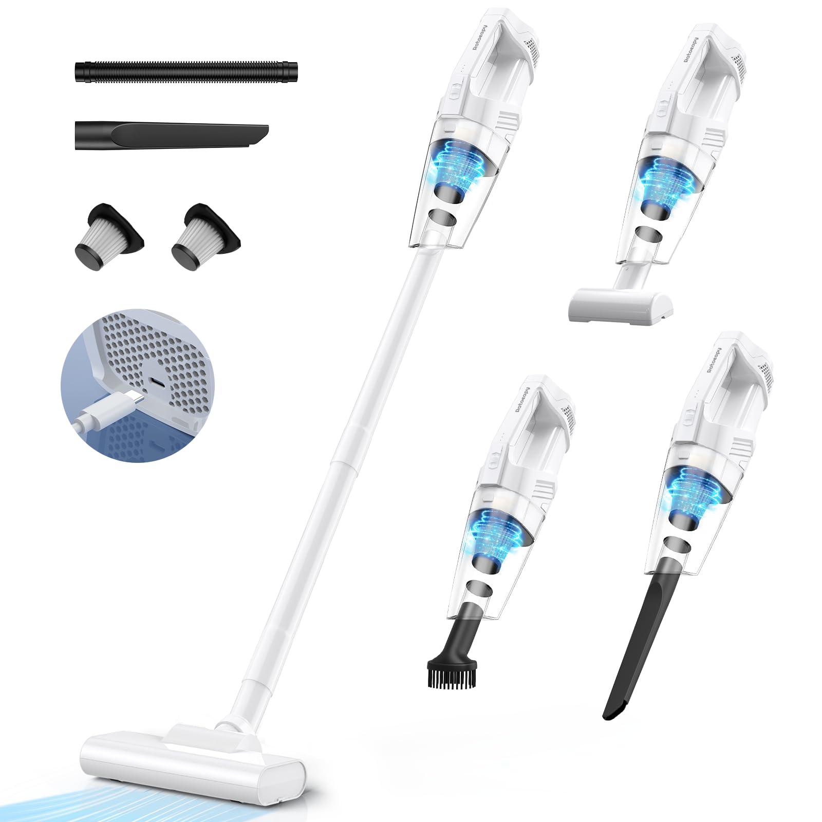 掃除機 コードレス 2024新型 15000pa強力吸引 ハンディクリーナー 強弱切替 LEDライト付き 360°調整 低騒音 小型 一人暮らし 家庭用 車用 年末お掃除 新年 延長パイプ/ホース/フィルター2個付き ホワイト