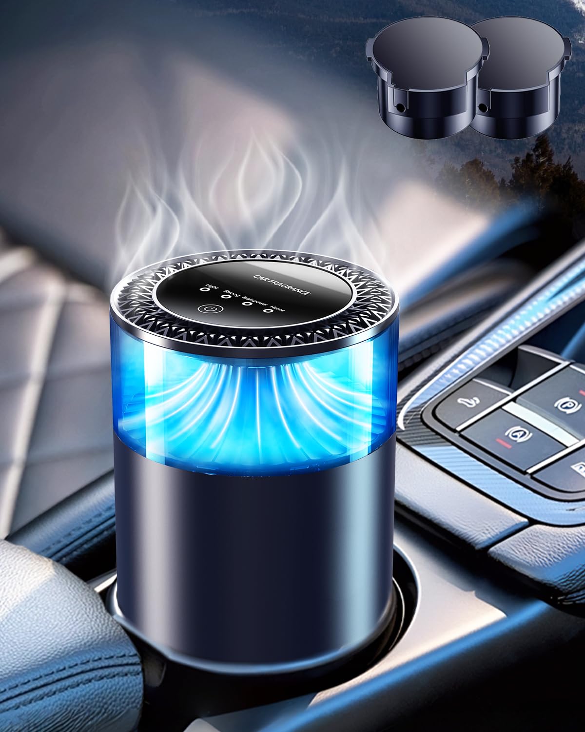 2025 山の風景 車 アロマディフューザー用芳香剤 2種類の天然アロマ (サクラフレグランス+ホワイトティーフレグランス)動ON/OFF 環境ライト 超音波ミスト 4つの調整可能な強度モード 内蔵バッテリ800mAh バッテリー 最大6ヶ月長持ち 車内部屋スクレで使える