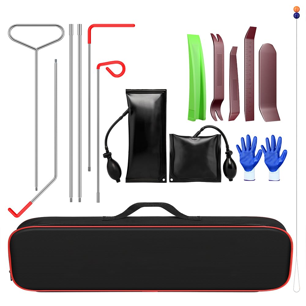 16ピースカーツールキット プロの緊急自動車用ツール 車ドアオープンロック解除ツールキット 車 デントリペアツール ロックアウト緊急ウェッジエアポン プユニバーサル緊急キット 車凹み修復 デントリペア工具車両用 エアウェッジバッグポンプ付きカーツールキット 車