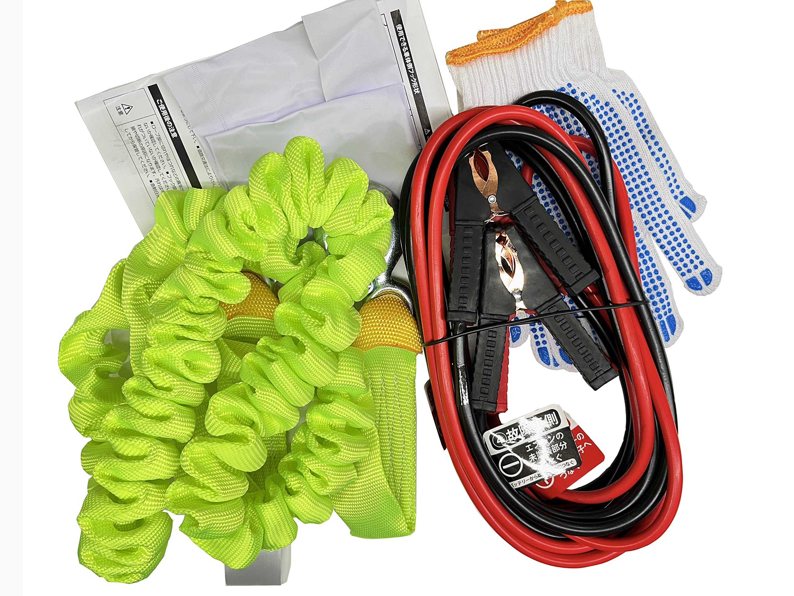 車載用 緊急時対応5点セット [ブースターケーブル(50A) けん引ロープ(3T) 手袋 白旗 取払説明書] 12V車 軽自動車コンパクトカー普通自動車