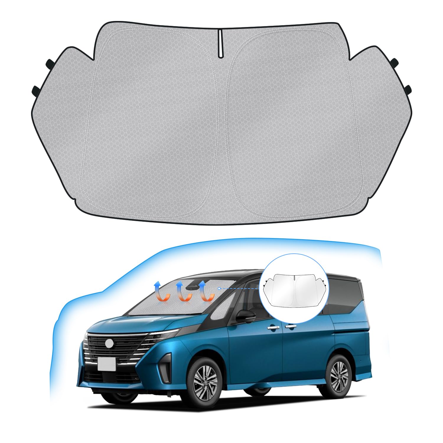ニッサン 新型 セレナ C28 フロントガラス サンシェード serena C28 6代目 2022年-現行 車用サンシェード UVカット 遮光シェード 日よけ ハンドルサンシェード 遮光 断熱 暑さ対策 車中泊 折り畳み式 ハニカム設計 収納袋付き 車種専用 内装パーツ 取付簡単 メーカー