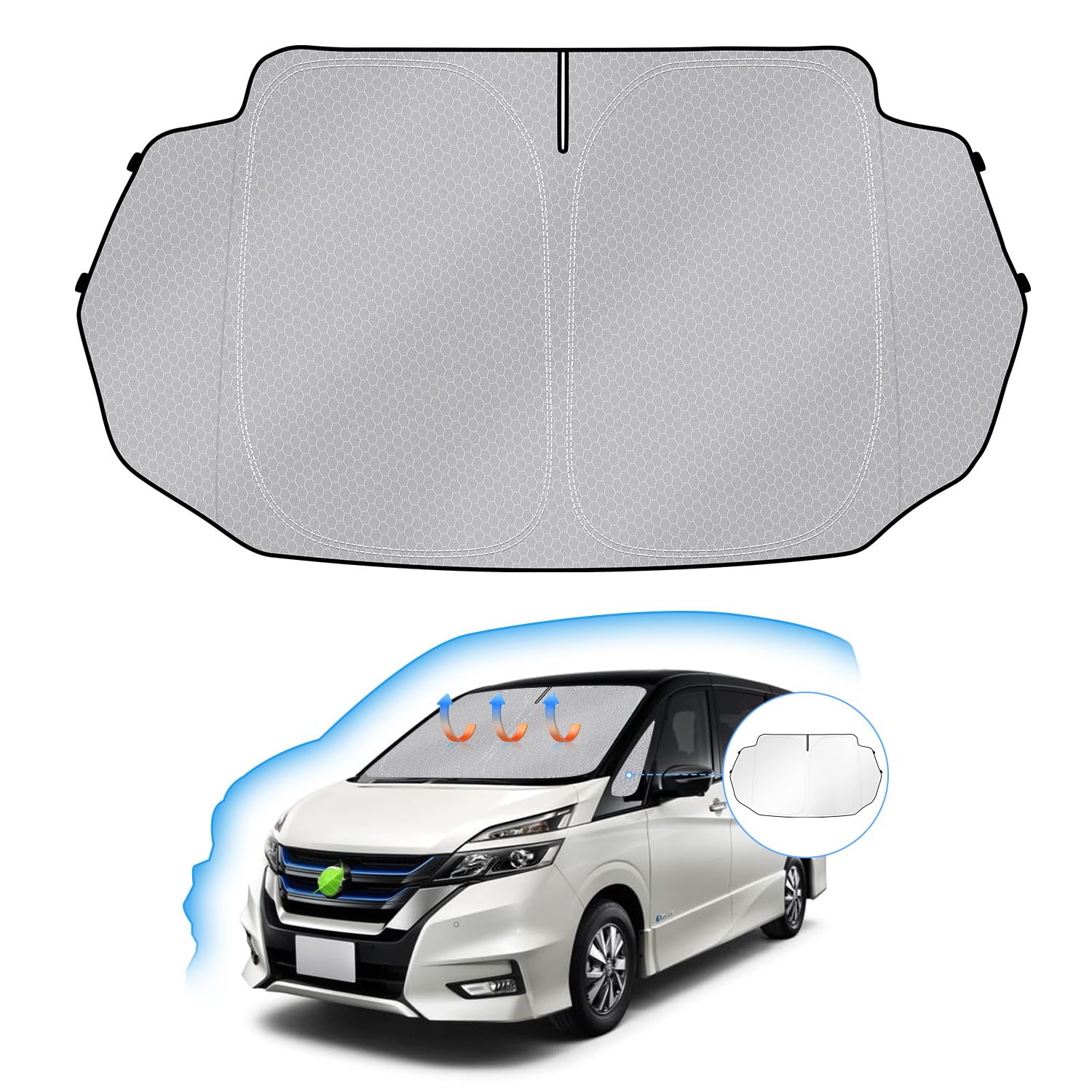 ニッサン セレナ C27 フロントガラス サンシェード Serena C27 5代目 車用サンシェード 三角窓付き UVカット 遮光シェード 日よけ ハンドルサンシェード 遮光 断熱 暑さ対策 車中泊 折り畳み式 ハニカム設計 収納袋付き 車種専用 内装パーツ 取付簡単 メーカー直営