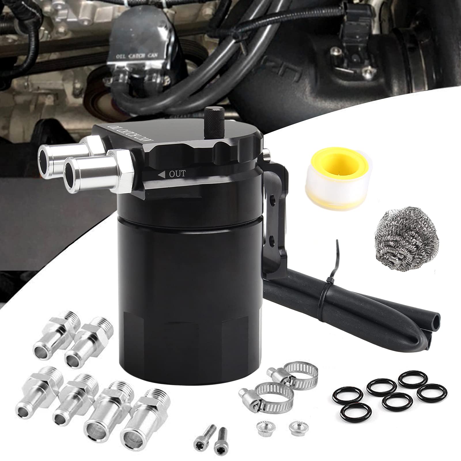 オイルキャッチタンク 300ml アルミ製 汎用 オイルキャッチ バッフル付き 円柱型 ホースニップル付き オートバイ 自動車 バイク ブラック