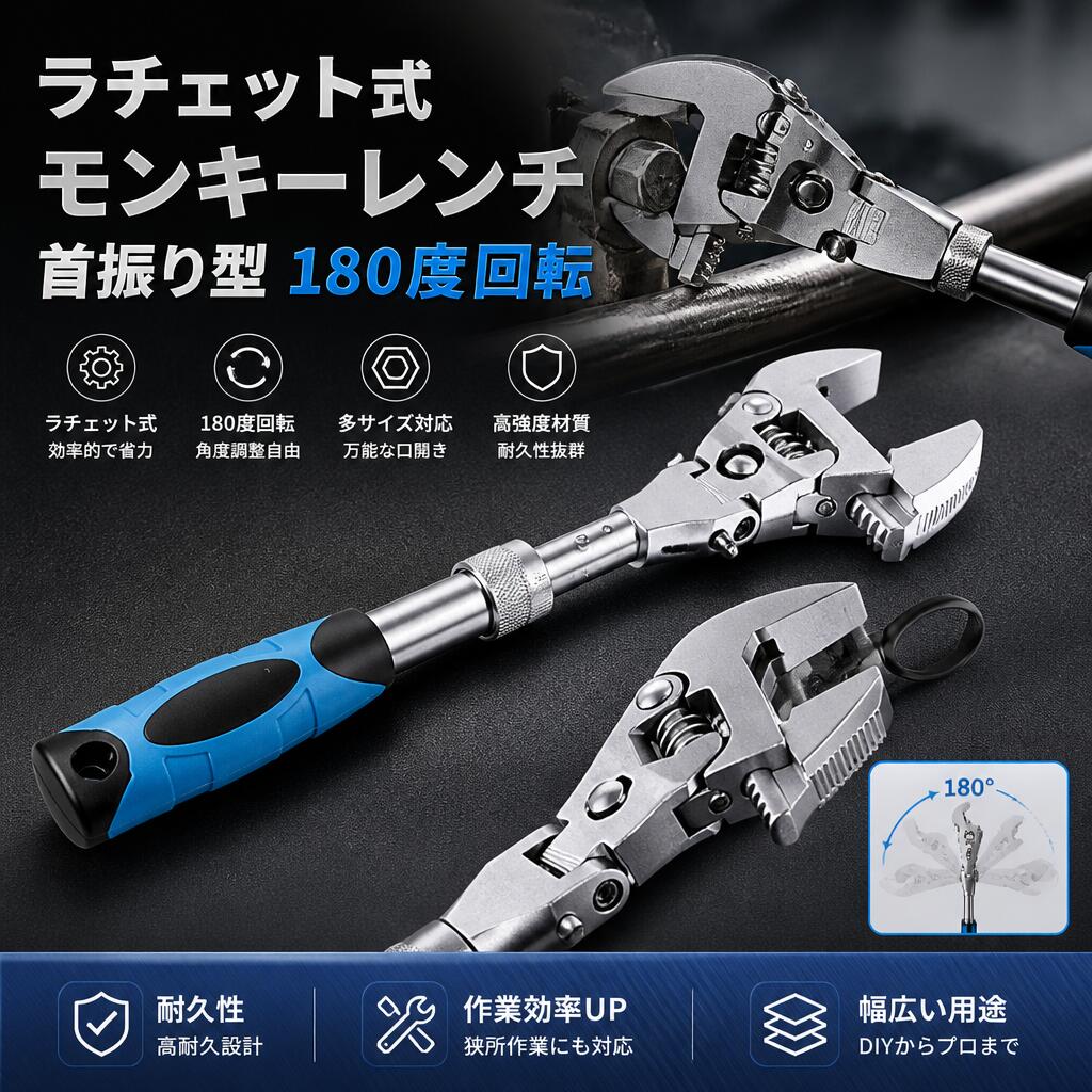 ラチェット式 モンキーレンチ 首振り型 180度回転 マジックレンチ 多機能 角度調整可能 口幅45mm ラチェットレンチ メンテナンスレンチ 万能 工具
