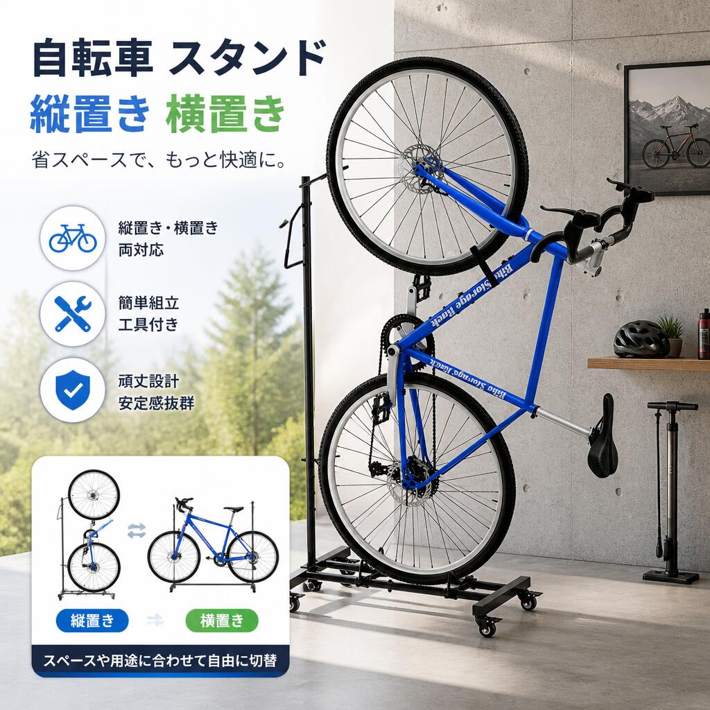 自転車 スタンド 縦置き 横置き 両用 自転車バイクスタンド 自転車立て 高さ調整が可能 サイクルスタンド 自転車ディスプレイスタンド 室内保管用縦置きスタンド ワークスタンド ロードバイク/マウンテン対応 29インチホイールまで ブラック