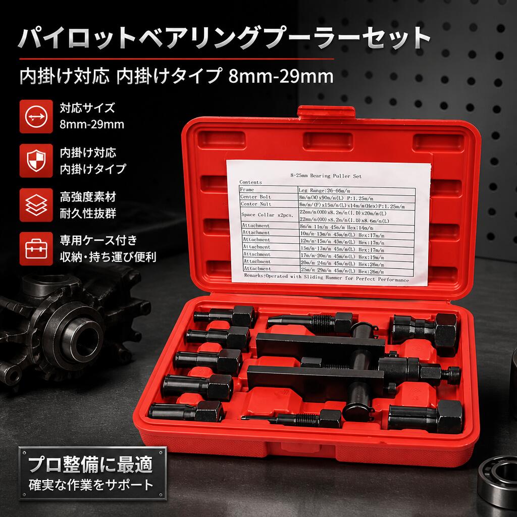 パイロットベアリングプーラーセット 内掛け対応 内掛けタイプ 8mm-29mm ベアリングツール ベアリングリムーバー ベアリング交換 豊富なサイズ 車 バイク タイヤ 耐久耐摩耗合金