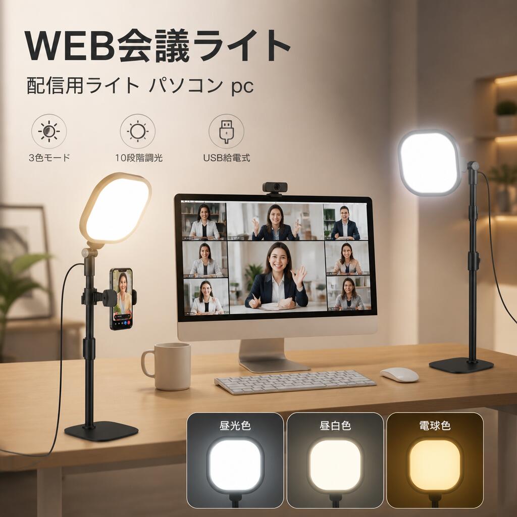 WEB会議ライト 配信用ライト パソコン pc zoom用 オンライン ビデオ スマホスタンド ライト付き 女優ライト LEDリングライト 電気スタンド 卓上 自撮り 生放送用 在宅ワーク用 照明撮影用 美容化粧/LIVE/LINE/TikTok/Youtubeビデオ