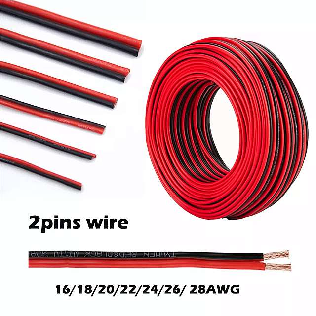 銅線 2ピン 16 18 20 22 24 26 awg DIY 赤と黒の フラットリボン ケーブル 300v 80c