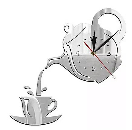 クリエイティブ 3Dアクリル ミラー コーヒー ティーポット 壁 時計 ステッカー 装飾 壁 時計 部屋 ケトル 壁 ステッカー 壁 時計 家 装飾