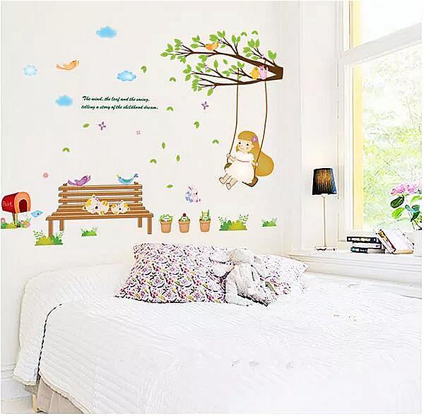スイングの少女猫の花の壁の ステッカー の家の 装飾 テレビ の背景の 子供 のための 寝室 diy壁の ポスター ホーム デコレーション