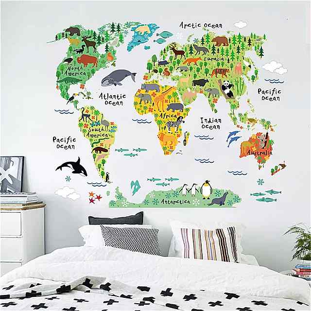 世界地図 ポスター 自然動物 ステッカー 家の 装飾 子供 のための 寝室 の壁の ステッカー クリスマス ポスター ウォール