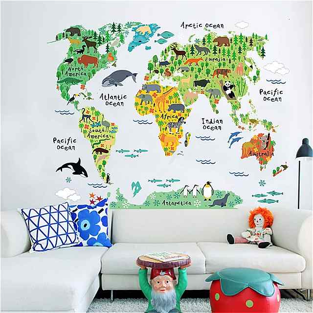 世界地図 ポスター 自然動物 ステッカー 家の 装飾 子供 のための 寝室 の壁の ステッカー クリスマス ポスター ウォール