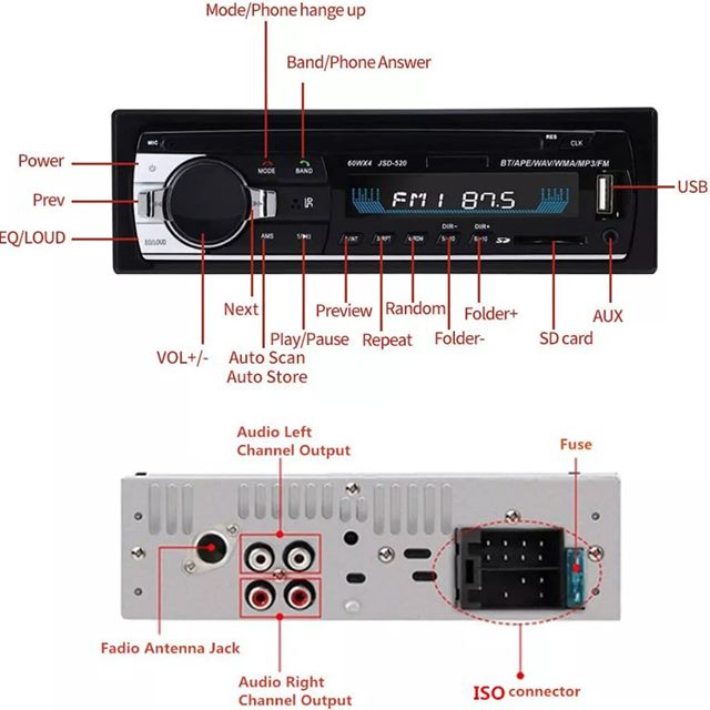 Bluetooth autoradio ƥ쥪 aux  쥷 sd usb JSD 520 12 12v å 1 din MP3 ޥ ǥץ졼䡼