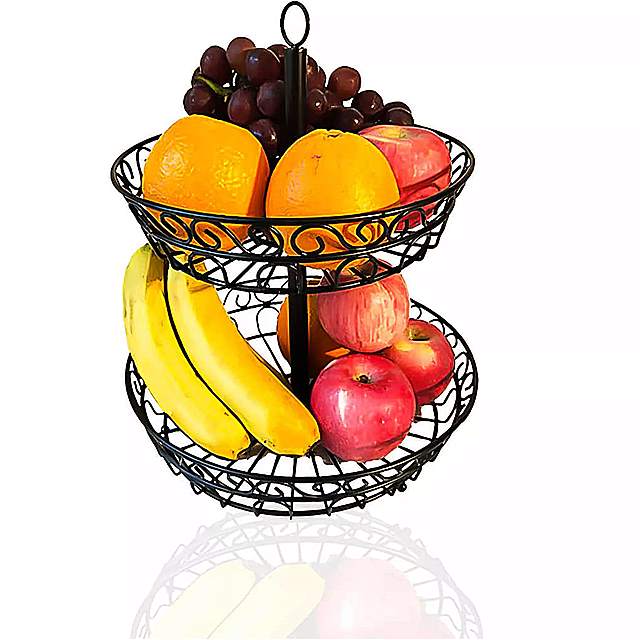 果物 と 野菜 の 収納 バスケット ヴィンテージ エレガント 厚い鉄製 2段 果物 用 スナック用 黒