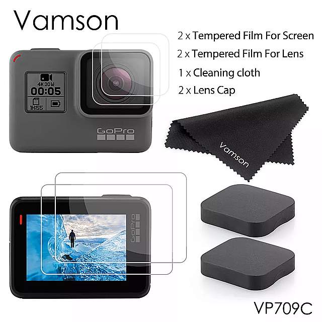 Vamson ProScreen プロテクター 保護 フィルム 強化 ガラス スクリーン + レンズ フィルム GoPro Hero 7 黒 6 5 VP709C