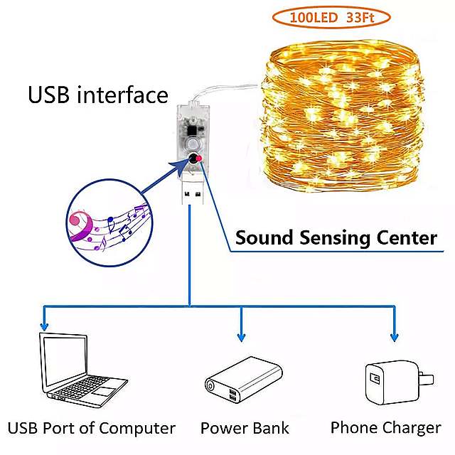 バッテリー /Usb オペサウンド起動 LED 音楽 ストリング ライト 5M 50leds 銀線 花輪 ホーム クリスマス ウエディング パーティー の 装飾