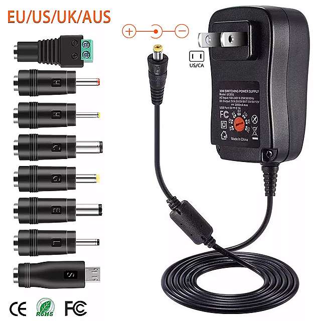 30 ワット米国ユニバーサル電源 アダプタ 3v 4.5v 5v 6v 7.5v 9v 12v ac dc 充電器 コンバータ + 8 個 5v 2.1A usbポートジャック 0