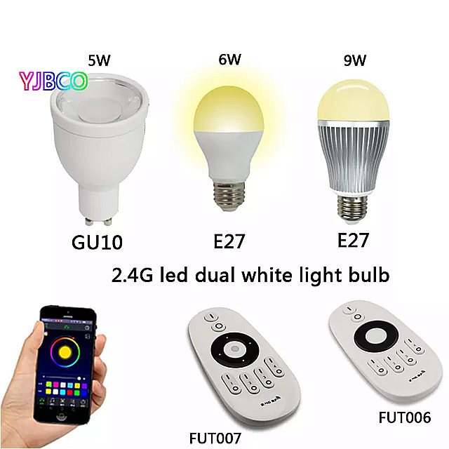 Milight-ダブル LED 電球 ベース5w6w9wgu10e27cct AC85-265V & fut006 fut007 2.4g4ゾーン リモコン 調光器