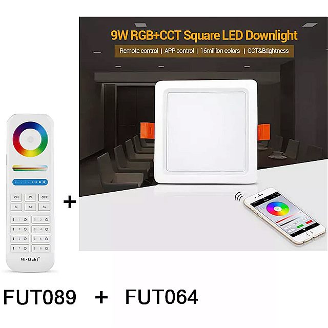 Miboxer FUT064 9 ワットrgb + cct正方形 LED ダウン ライト AC100 ? 240 v、FUT089 8 ゾーンrgb + cctリモート コントローラ