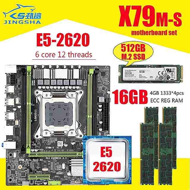 X79 X79M-S マザーボード LGA2011 E5 2620 cpu 4個のx 4ギガバイト 16ギガバイトDDR3 1333mhz 10600 ecc reg メモリ セットM-ATX コンボ 512ギガバイトM.2 ssd