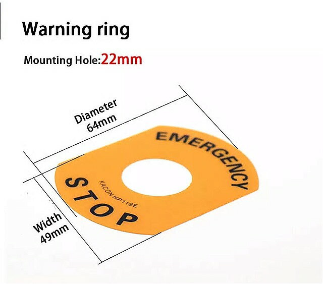 取付穴 22 ミリメートル非常停止 ボタン 警告リング 16 ミリメートル急停止 ボタン スイッチ 警告リングサイン