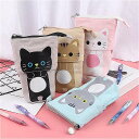 韓国の 文房具 かわいい 多機能格納式 ペン ホルダー 猫 動物 キャンバス かわいい 鉛筆 ケース 鉛筆 ポーチのための