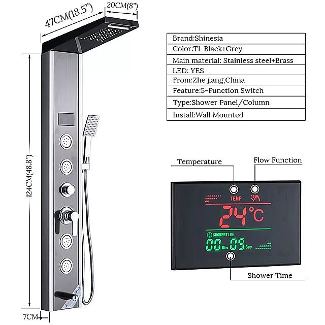 楽天輸入雑貨お取り寄せ Jsame黒 /ブラッシュ ニッケル シャワー パネルled 浴室 の お風呂 シャワー 列タワーデジタルスクリーン滝雨 シャワー ミキサー マッサージ ジェット