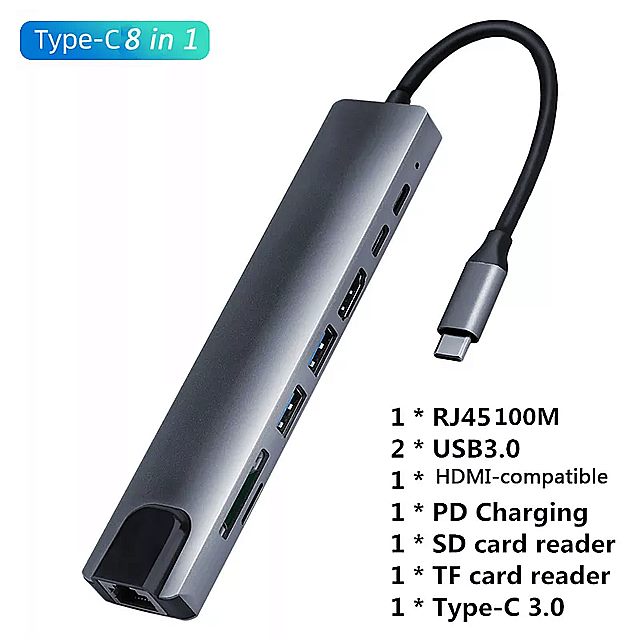 USB-C 8 in 1 Type-C USB 3.0 USB nu 4K HD bvgbv PD [d / SD / TFJ[h[_[/ RJ45A_v^[iMacBook ProhbLOXe[Vpj
