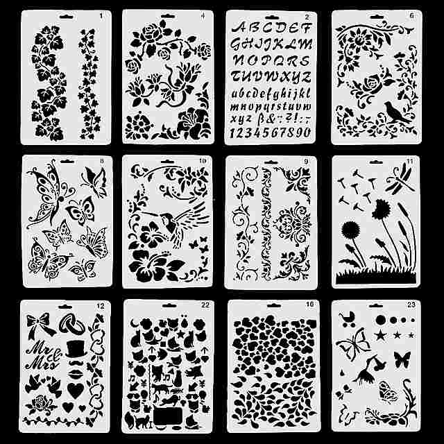 ジャーナル スクラップブック の フォトアルバムカード用 の12個の各種スタイル プラスチック ホローアウト 蝶 の 花 の 描画 ステンシル テンプレート