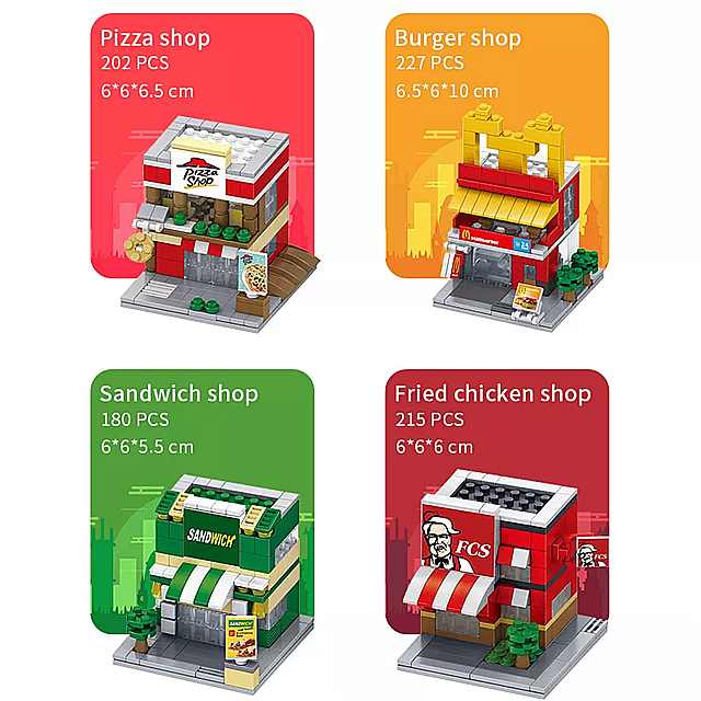 市ミニストリートシーン ビルディング ブロック セットdiy小売店 ブロック 子供 組み立てるピザコーヒーショップ レ…