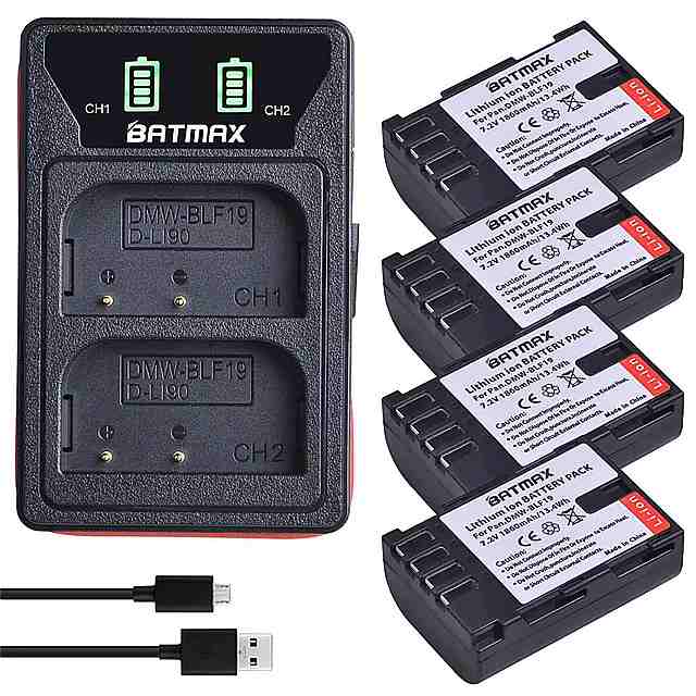 カメラ バッテリー デュアル usb 充電器 4個 1860mah DMW-BLF19E DMW-BLF19 dmw blf19 blf19 blf19e lcd panasonic lumix gh3 gh4 gh5用